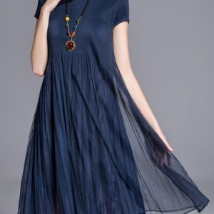 Dark Blue Pleated Casual Midi Dress