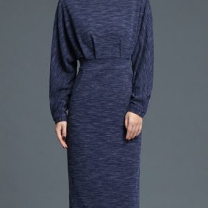 Dark Blue Pockets Batwing Sheath Midi Dress