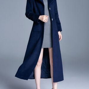 Dark Blue Pockets Simple Lapel Solid Coat