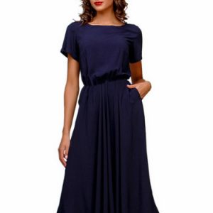 Dark Blue Pockets Solid Crew Neck A-line Midi Dress