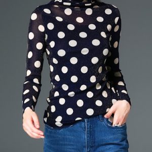 Dark Blue Polka Dots Casual Long Sleeve Top