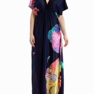 Dark Blue Polyester Plunging Neck Printed Resort Maxi Dress