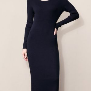 Dark Blue Sheath Long Sleeve Knitted Sweater Dress