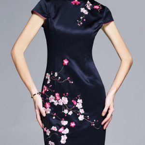 Dark Blue Sheath Short Sleeve Stand Collar Embroidered Mini Dress