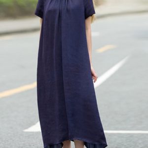 Dark Blue Shift Simple Crew Neck Plain Summer Midi Dress