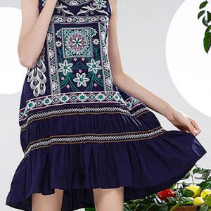 Dark Blue Shift Sleeveless Cotton Tribal Mini Dress