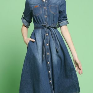 Dark Blue Shirt Collar Casual A-line Midi Dress With Belt