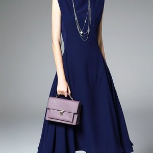 Dark Blue Simple Bateau/boat Neck Solid Midi Dress