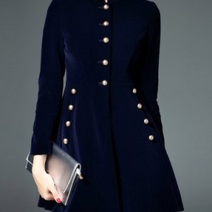 Dark Blue Simple Buttoned A-line Coat