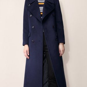 Dark Blue Simple Plain Double Breasted Coat