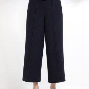 Dark Blue Simple Solid Polyester Wide Leg Pants with Belt