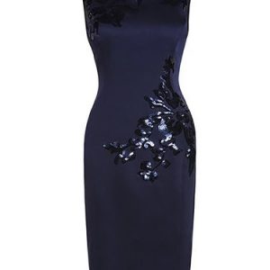 Dark Blue Sleeveless Beaded Crew Neck Midi Dress