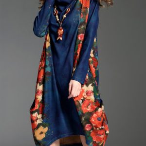 Dark Blue Turtleneck Vintage Printed H-line Midi Dress