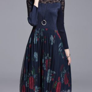 Dark Blue Vintage Stand Collar Midi Dress