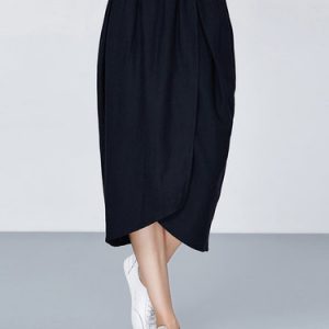 Dark Blue Wool Blend Gathered Casual H-line Midi Skirt