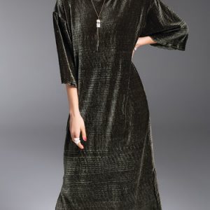 Dark Green 3/4 Sleeve Plain Slit Velvet Midi Dress