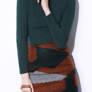 Dark Green Casual Plain Knitted Long Sleeve Top