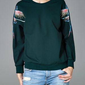 Dark Green Embroidered Crew Neck Long Sleeved Top