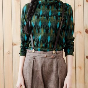 Dark Green Jacquard Casual Turtleneck Long Sleeved Top