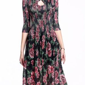 Dark Green Pierced A-line Keyhole Elegant Midi Dress