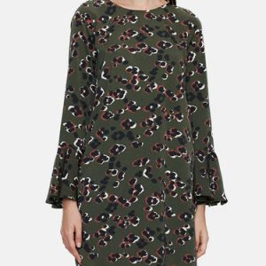 Dark Green Printed Frill Sleeve Crew Neck Viscose Midi Dress