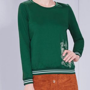 Dark Green Printed H-line Casual Plain Long Sleeved Top