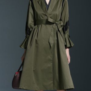 Dark Green Ruffled Casual A-line Cotton-blend Coat