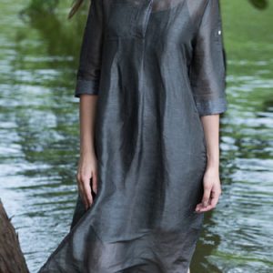 Dark Green Stand Collar Half Sleeve Linen Silk Midi Dress