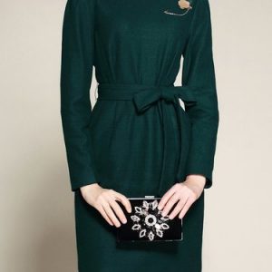 Dark Green Wool Blend Solid Mini Dress With Pockets