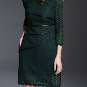 Dark Green Woven Long Sleeve Midi Dress