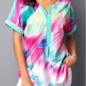 Dazzle Color Notch Neck Curved Hem Blouse - M