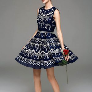 Deep Blue A-line Embroidery Crew Neck Sleeveless Mini Dress