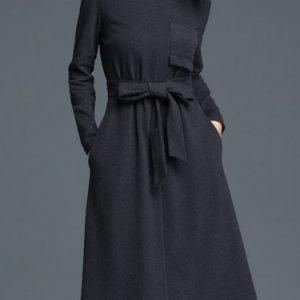 Deep Gray Crew Neck A-line Simple Cotton-blend Midi Dress with Belt