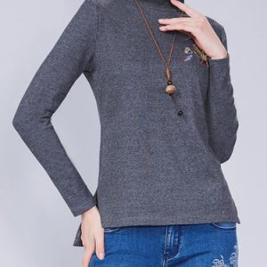 Deep Gray Knitted High Low Casual Long Sleeved Top