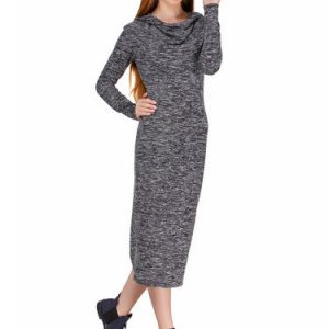 Deep Gray Long Sleeve Hoodie Midi Dress