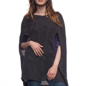 Deep Gray Pierced Wool Blend Casual Poncho And Cape