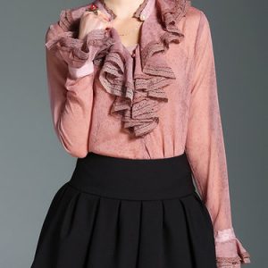 Deep Pink Stand Collar Solid Frill Sleeve Long Sleeve Bodysuit with Camis