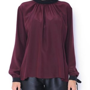 Deep Red Solid Casual Blouse With Bow Detail