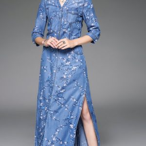 Denim Casual Stand Collar 3/4 Sleeve Slit Midi Dress