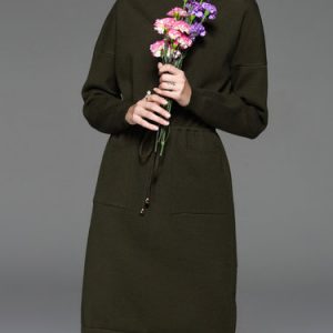 Drawcord Pockets Turtleneck Long Sleeve H-line Sweater Dress