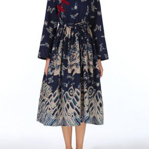 Drawcord Printed Long Sleeve Vintage A-line Midi Dress