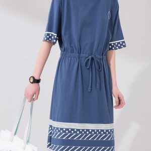 Drawstring Blue Cotton Simple H-line Midi Dress