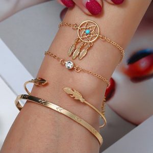 Dream Catcher Design Gold Metal Bracelet Set - One Size