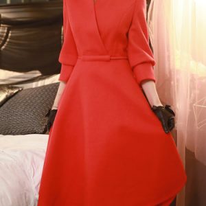 Elegant 3/4 Sleeve Bow Surplice Neck Midi Dress