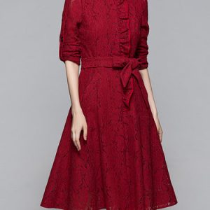 Elegant A-line Long Sleeve Cotton-blend Pierced Midi Dress