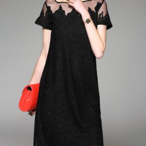 Elegant Bateau/boat Neck Crocheted Short Sleeve Silk-blend Midi Dress