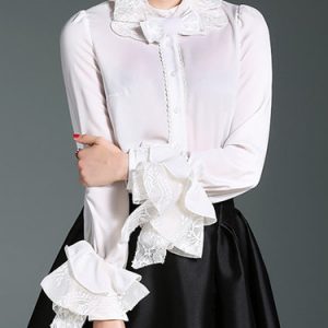 Elegant Bow Ruffled H-line Frill Sleeve Solid Blouse