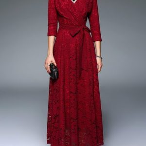 Elegant Crocheted A-line 3/4 Sleeve V Neck Lace Maxi Dress