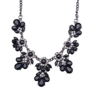 Elegant Flower Necklace Black Rhinestone Tassel Necklace