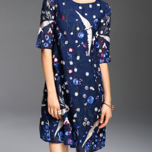 Elegant Half Sleeve Embroidered Animal Midi Dress